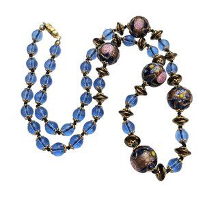 Blue Art Glass Cake Bead Necklace Knotted Brass Filigree Cap Vintage Strand